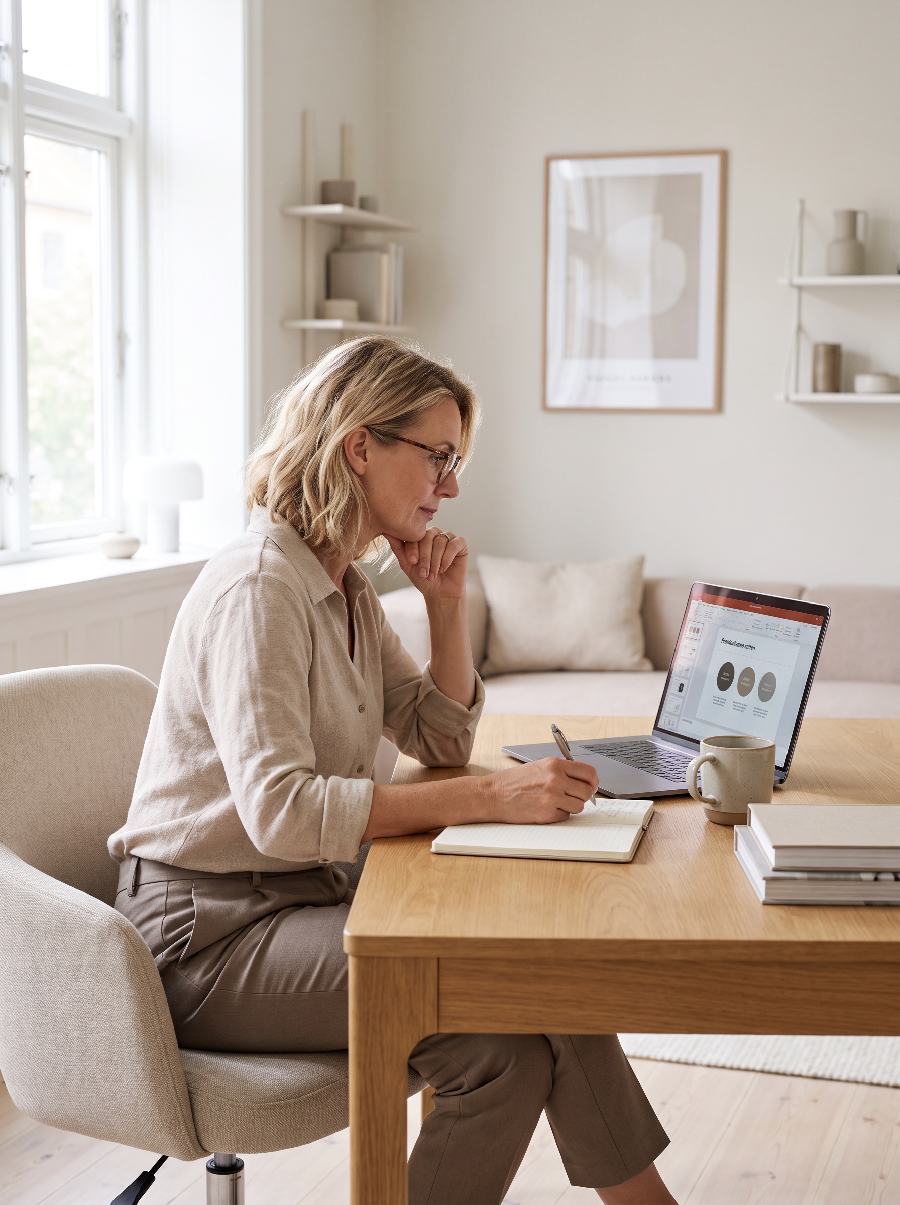 A woman attending a benefits webinar and taking notes at her laptop