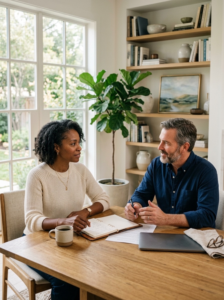 A benefits advisor and client discussing insurance needs in a bright home