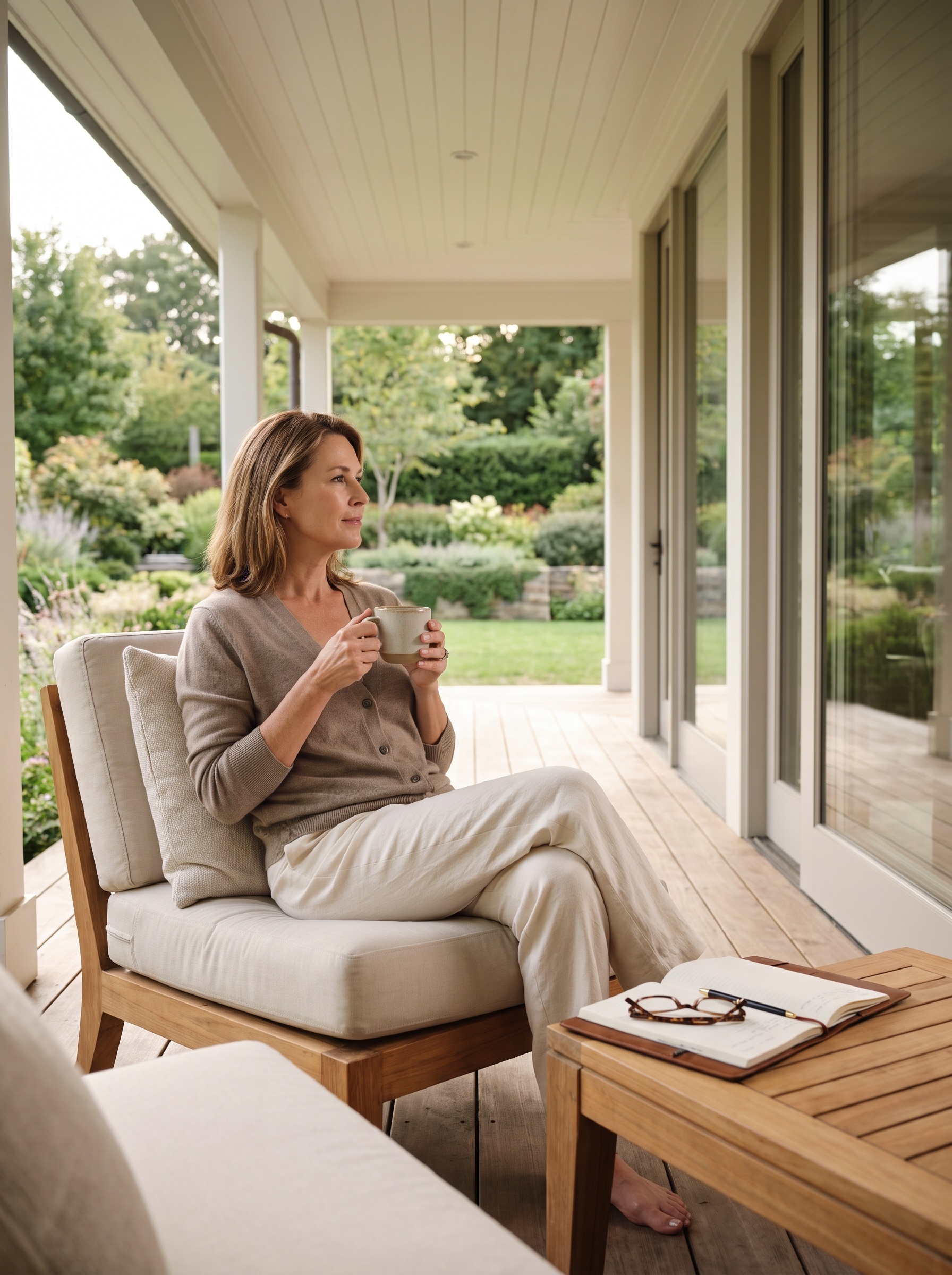 A woman considering her retirement plans on a peaceful contemporary porch